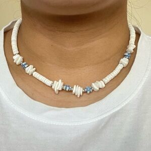 Puka Necklace White Shell Blue Flowers Beach Surfer Hawaiian 90s Mermaidcore Y2K